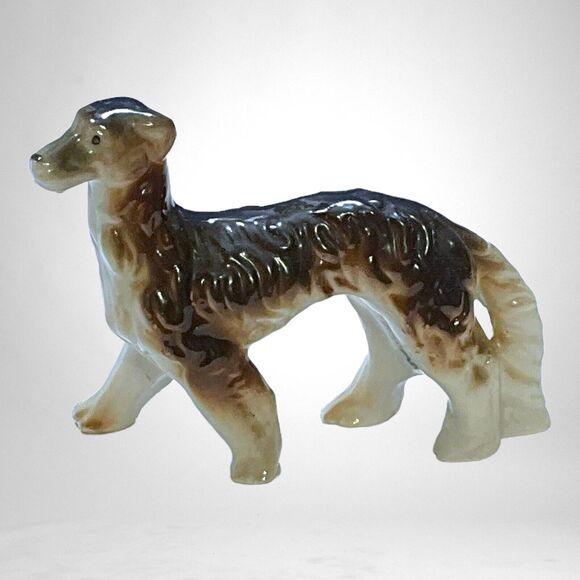 Vtg Borzoi Russian Wolfhound Dog Figurine Porcelain Japan 3" x 4" Brown White - Picture 1 of 16